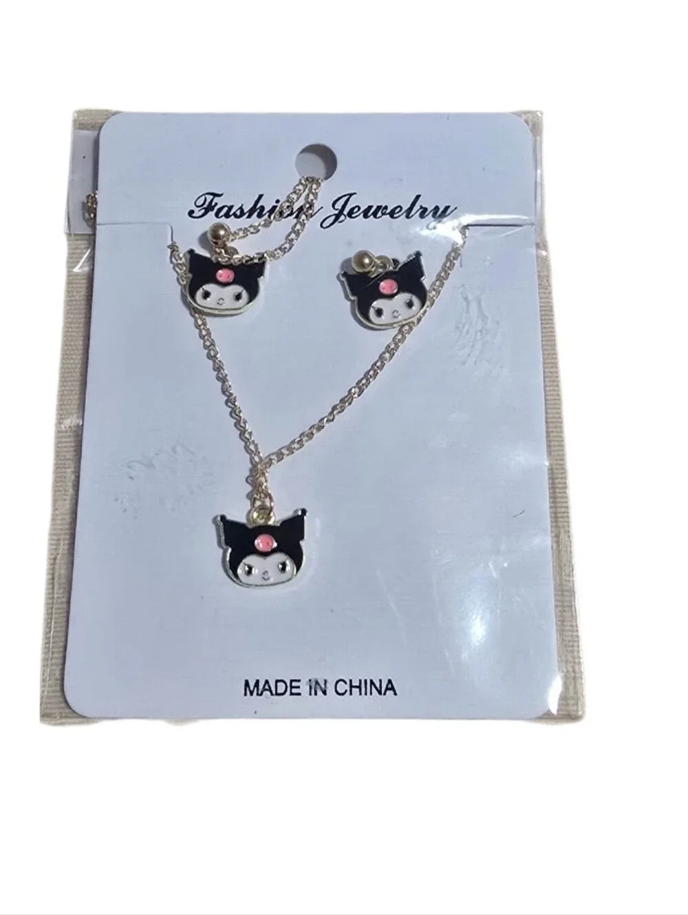 Fashion Jewelry Black and Pink Cat Face Necklace & Earring Set